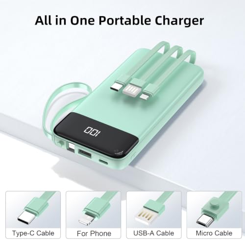 Portable Charger Built-in Cables,10000mAh Fast Charge Power Bank for iPhone - color: Green