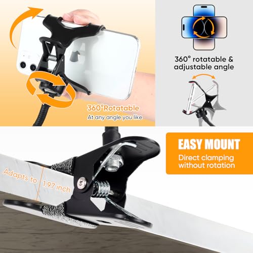 Gooseneck Phone Holder for Bed,Flexible Arm Clip,Lazy Bracket Mount Clamp for Desk,Headboard, Bedside,360 Adjustable DIY Flexible Grip Desktop Mobile Cell Phone Stand for All 4-7”Devices