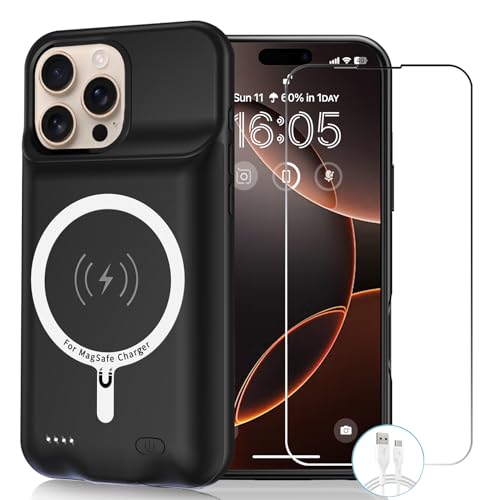 Wireless Charging Case for iPhone 16 Pro Max, 12000mAh High Capacity Portable Rechargeable Battery Case Qi Wireless Charging with iPhone 16 Pro Max (6.9 inch) Extended Battery Charger Cover(Black) - size: iPhone 16 Pro Max (6.9 inch)