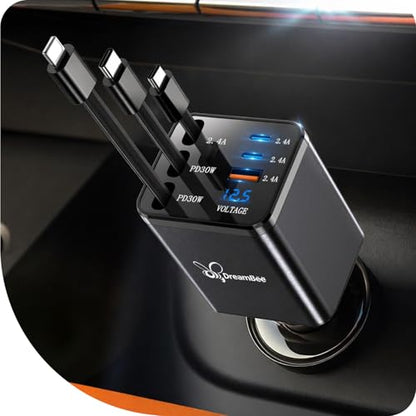 DreamBee Retractable Car Charger,108W 6 in 1 Super Fast Car Phone Charger with 3 Cords 31.5INCH, USB C Car Charger Adapter for iPhone 18/17/16/15/14/13 Pro Max XR,iPad,Samsung