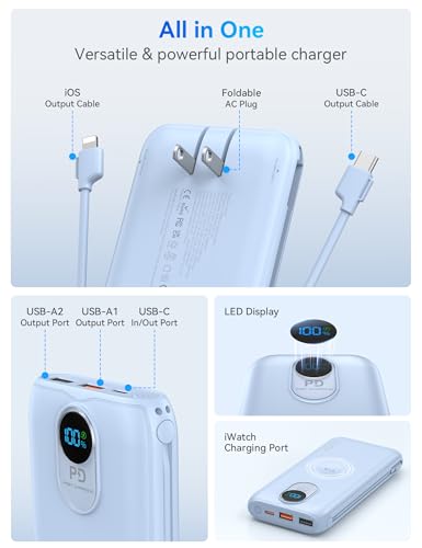 Portable Charger Power Bank 10000mAh PD20W w/Built-in Cables & AC Plug - color: LightBlue