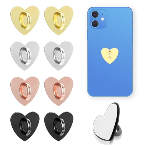 8 PCS Heart Charm Hook 4 Color Metal Phone Finger Hook Adhesive Cell Phones Ring Holder Heart-Shaped Sticky Grip Loop Smartphones Accessories Charm Loop Stand Keychain Ring for DIY Hanging