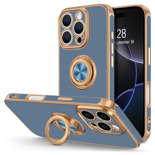 Hython for iPhone 16 Pro Case with Ring Stand, 360° Rotatable Ring Holder Magnetic Kickstand, Plating Rose Gold Edge Soft Cover Protective Phone Case for iPhone 16 Pro 6.3", Blue Gray - color: Blue Gray, size: Iphone 16 Pro - 6.3 Inch