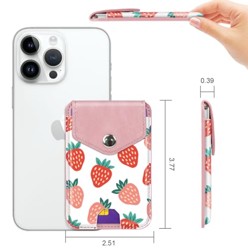 Self Adhesive Card Holders for Back of Phone, Leather RFID Phone Wallet Pockets with Snap, Card Holders Sleeve for Phone Case, Strawberry - color: Strawberry Pattern
