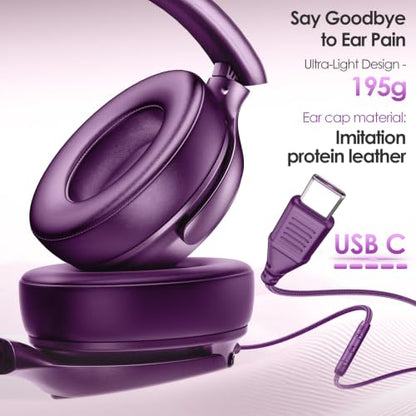 USB C Headphones Wired Active Noise Cancelling 28dB Over Ear-Purple - color: Purple
