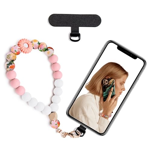 Silicone Beaded Phone Wrist Strap for Women, Elastic Wristlet - color: Pink Daisy