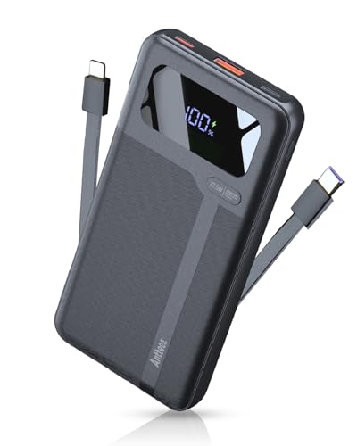 Antteez Portable Charger with Built in Cable - 10000mAh Fast Charging 22.5W Power Bank USB C LED Display Travel Battery Pack 4 Outputs & 2 Inputs for iPhone Samsung iPad Phones Tablets