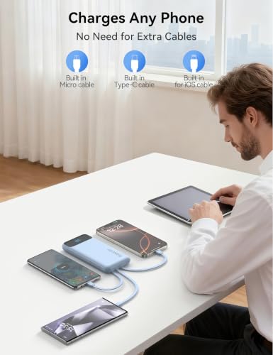 Nusyddy Portable Charger 10000mAh with 4 Built-in Cables & 6 Outputs Blue - color: Blue