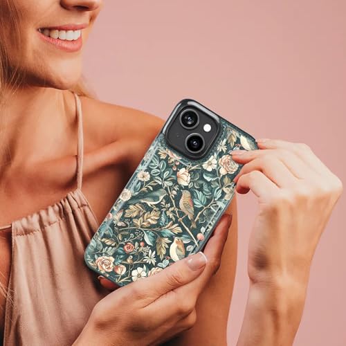 uCOLOR for iPhone 13/14 Wallet Case with Card Holder Blue Tree Birds | Compatible with MagSafe,Folio Flip PU Leather Magnetic RFID Design with Camera Lens Protector - color: Blue Tree Birds