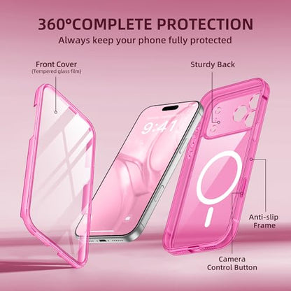 BERFY for iPhone 17 Pro Case, Compatible with MagSafe, Built-in Glass Screen Protector, Camera Protection, Shockproof Full Body Phone case 6.3", Clear Bright Pink