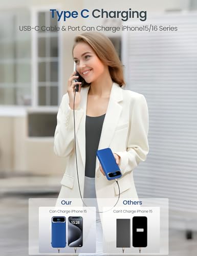 aonidi Portable Charger 12000mAh with Built-in Cables&AC Wall Plug, Navy - color: Navy