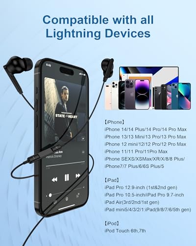 iPhone 14 Headphones Wired Earbuds with Lightning Connector MFi Certified - color: Black-1 Pack