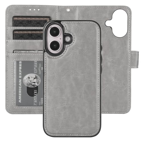 Bocasal Detachable Wallet Case Card Holder for iPhone 16, Grey | RFID Blocking Kickstand Card Slots Holder PU Leather Magnetic Shockproof Wrist Strap Removable Flip Protective Cover 6.1 inch - color: Gray