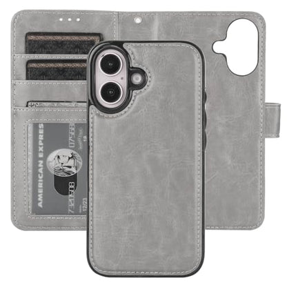 Bocasal Detachable Wallet Case Card Holder for iPhone 16, Grey | RFID Blocking Kickstand Card Slots Holder PU Leather Magnetic Shockproof Wrist Strap Removable Flip Protective Cover 6.1 inch - color: Gray
