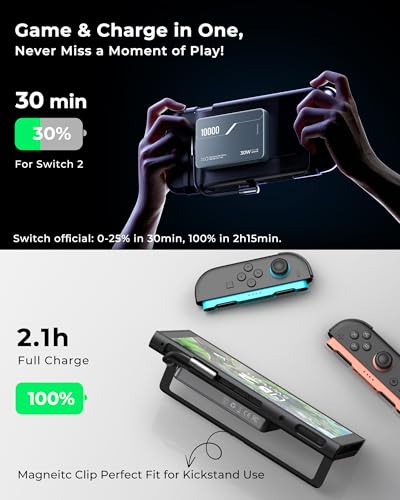 Antank B5 Magnetic Power Bank 10000mAh for Nintendo Switch 2 2025, 30W PD Fast Charging Portable Battery Pack for Switch/OLED/iPhone 12-17, 3.5-8H Extended Playtime, 2 Removable Clips & 2 USB-C Cables