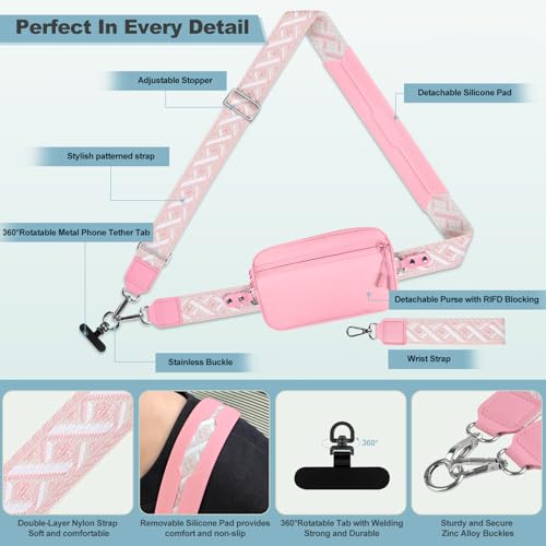 YFWE Clip and Go Strap for Phone with Wallet Crossbody, Adjustable Phone Lanyard with Detachable RFID Wristlet Wallet, Pattern Strap - Pink(L) - color: Pink-pattern Strap, size: Large