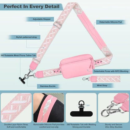 YFWE Clip and Go Strap for Phone with Wallet Crossbody, Adjustable Phone Lanyard with Detachable RFID Wristlet Wallet, Pattern Strap - Pink(L) - color: Pink-pattern Strap, size: Large