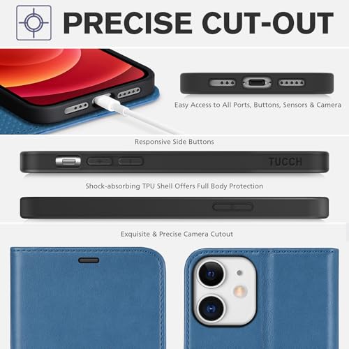 TUCCH Case Wallet for iPhone 12 Pro/12 6.1", RFID Blocking Folio, Lake Blue | 3 Card Holders, Kickstand, PU Leather, Magnetic Closure, Shockproof TPU Shell, Protective Flip Cover - color: Lake Blue
