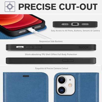 TUCCH Case Wallet for iPhone 12 Pro/12 6.1", RFID Blocking Folio, Lake Blue | 3 Card Holders, Kickstand, PU Leather, Magnetic Closure, Shockproof TPU Shell, Protective Flip Cover - color: Lake Blue