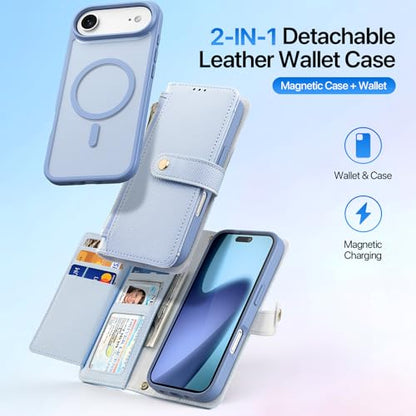 for iPhone Air Wallet Case, Detachable iPhone 17 Air Case Wallet | Compatible with Magsafe, RFID Blocking, Zipper Card Holder, PU Leather Flip Folio Case, Strap Wallet Case - color: Blue, size: iPhone 17 Air