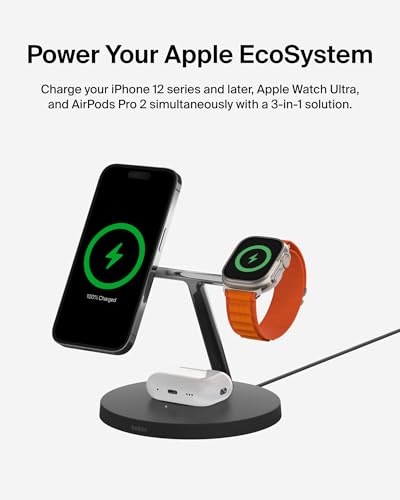 Belkin MagSafe 3 in 1 Wireless Charging Stand, 2nd Gen, 33% Faster - color: Black, style: Chrome Finish