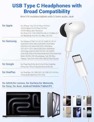 USB C Earbuds with Microphone Cute in Ear Wired Headphone - color: White Black