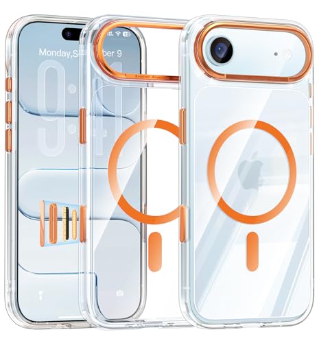 Maledan for iPhone 17 Air Case Clear Orange - Aluminum Camera Frame Magnetic 17 Air Case Fit for Mag Safe, Camera Control, Slim Transparent Shockproof Bumper Phone Cover for Apple iPhone 17 Air - color: Crystal Clear - Orange Magnet, size: iPhone 17 Air 6