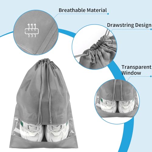 Grey Travel Shoe Bags - 5 Pcs Non-Woven Packing Bags with Clear Window | 15.7" x 11.8" Waterproof Dustproof Portable Travel Shoe Storage Bag for Men and Women - color: Grey, style: 5 Pack