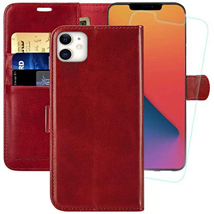 MONASAY Wallet Case Compatible for iPhone 12 mini 5G 5.4-inch,[Glass Screen Protector Included] [RFID Blocking] Flip Folio Leather Cell Phone Cover with Credit Card Holder, Red - color: Red