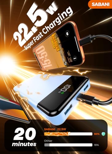 SABANI Portable Charger 35000mAh Power Bank, 4 Built in Cable Big Capacity - color: Azure