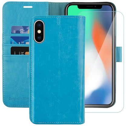 MONASAY Wallet Case for iPhone X/Xs with 3 Card Holders - Light Blue | Kickstand,RFID Blocking,6.6 feet of shock absorption,PU Leather,Strong Magnetic Closure,Fits 5.8 inch ONLY,screen Protector - color: Light Blue