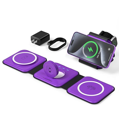 3 in 1 Charging Station for Multple Devices,Foldable 3 in 1 Wireless Charger for Travel,Nano Wireless Charging Station for iPhone16 15 14 13 12 Pro Max/Watch 10 9 8 7 6 5 4 3 Ultra/AirPod Pro - color: Purple