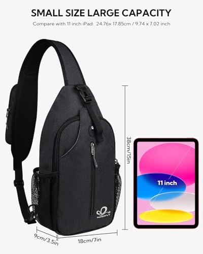 WATERFLY Crossbody Sling Backpack Sling Bag Travel Hiking Chest Bag Daypack (Black) | Small Hiking bag,Multi-compartment storage,Water-resistant,Breathable back pad,Reversible adjustable shoulder strap - color: Black