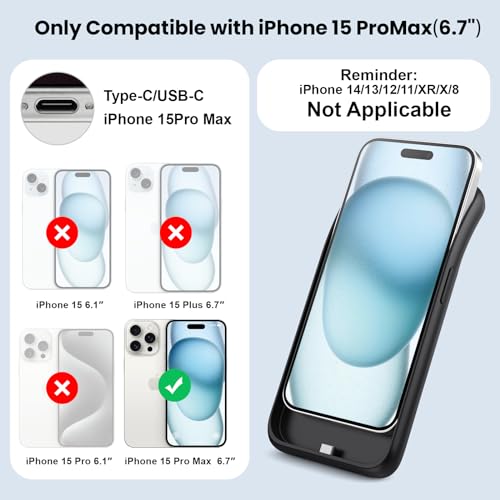 Battery Case for iPhone 15 Pro Max,Powerful 8600mah Ultra-Slim Protective Charging Case,15W Fast Charging Portable Rechargeable Expandable Battery Charger Cover for iPhone 15 Pro Max(6.7inch)-Black - color: Black