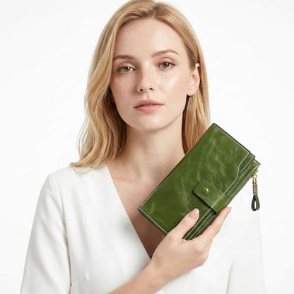 YALUXE Women's Real Leather Wallet RFID Protect 21 Card Slots Phone Pocket - color: 4- Waxed Green, size: Genuine Leather