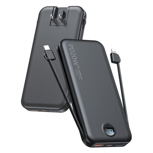 citicr Portable Charger 10000mAh PD20W w/Built-in Cables & Wall Plug Black - color: Matte Black