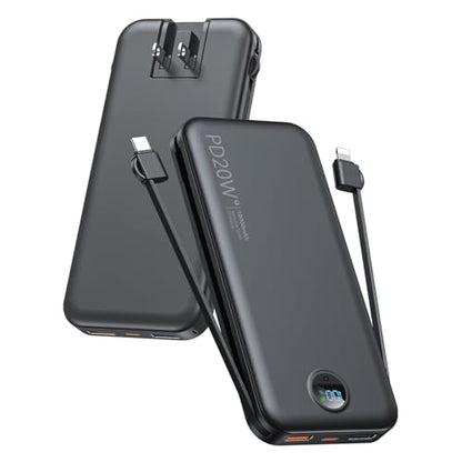 citicr Portable Charger 10000mAh PD20W w/Built-in Cables & Wall Plug Black - color: Matte Black