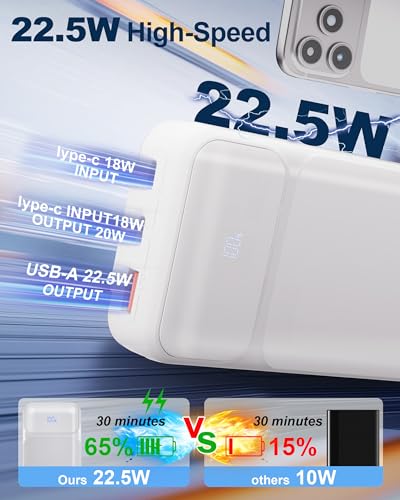 Portable Charger 20000mAh with Built-in Cables for iPhone/Android, 22.5W Fast Charging Power Bank, Lightweight External Battery Pack - color: Gray White
