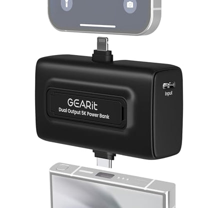 GEARit 5000mah Power Bank - Dual Output, Mini Battery Pack with Integrated USB-C and Lightning Connectors - Compact, Small Portable Charger Compatible - Black