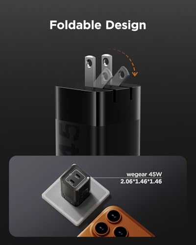 wegear 45W USB C Charger, 2 Port GaN Fast Charging with PPS, Foldable Wall Charger Block for iPhone 18/17/16, iPad, Galaxy S25/S24, Pixel 10/9 (Black) - color: Black
