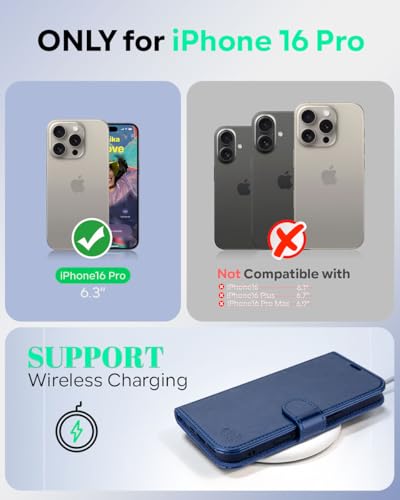 OCASE Compatible with iPhone 16 Pro Wallet Case, PU Leather Flip Folio Case with Card Holders RFID Blocking Kickstand [Shockproof TPU Inner Shell] Phone Cover 6.3 Inch 2024, Blue | Magnetic Flip Folio Cover with RFID Blocking, Card Holders, Shockproof TPU