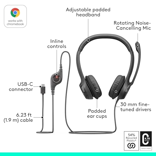 Logitech H391 Wired Headset PC/Laptop Stereo Headphones, USB-C, Graphite - color: Graphite, style: USB-C