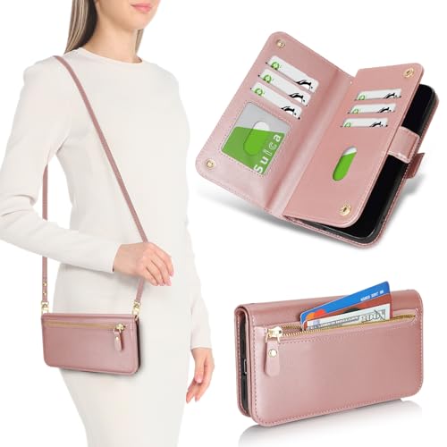 for iPhone 15 Pro Wallet Case for Women,for iPhone 15 Pro Case with Strap Crossbody Lanyard,PU Leather Shockproof Card Holder Stand Zipper Pocket Flip Phone Case-Rose Gold - color: Rose gold