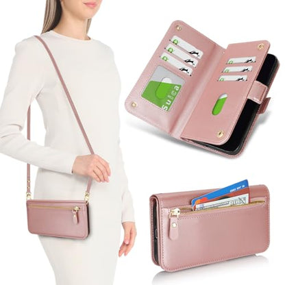 for iPhone 15 Pro Wallet Case for Women,for iPhone 15 Pro Case with Strap Crossbody Lanyard,PU Leather Shockproof Card Holder Stand Zipper Pocket Flip Phone Case-Rose Gold - color: Rose gold