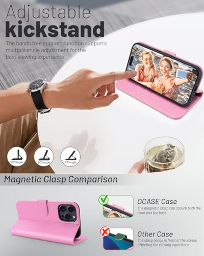 OCASE Compatible with iPhone 16 Pro Wallet Case, PU Leather Flip Folio Case with Card Holders RFID Blocking Kickstand [Shockproof TPU Inner Shell] Phone Cover 6.3 Inch 2024, Pink - color: Pink