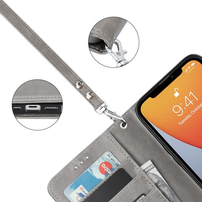 Bocasal Detachable Wallet Case Card Holder for iPhone 13, Grey | RFID Blocking Kickstand Card Slots Holder PU Leather Magnetic Shockproof Wrist Strap Removable Flip Protective Cover 6.1 inch - color: Gray