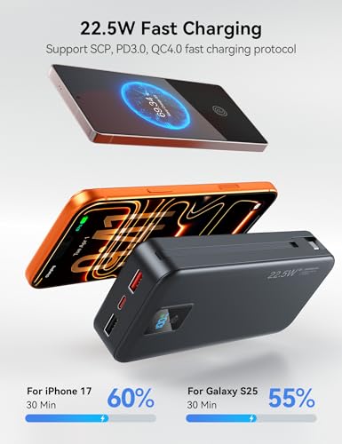 Portable Charger 20000mAh 22.5W w/Built-in Cable & Wall Plug Black - color: Ebony