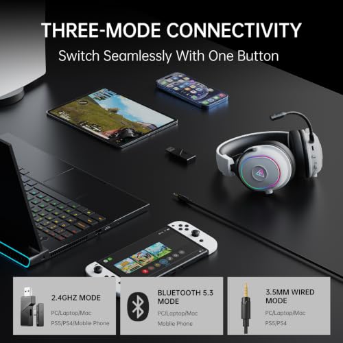 EKSA Wireless Gaming Headset with Detachable Microphone for PC,PS5,PS4 - color: White