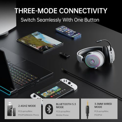 EKSA Wireless Gaming Headset with Detachable Microphone for PC,PS5,PS4 - color: White