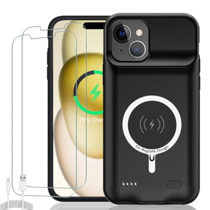 Battery Case for iPhone 15, Upgraded 10000mAh Ultra-Slim Rechargeable Portable Extended Battery Pack Support Qi Wireless Charging Case Compatible with iPhone 15(6.1 inch) Charger Case Cover(Black) - size: iPhone 15